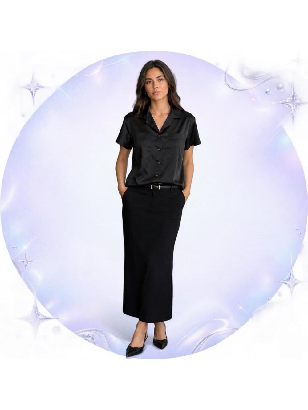 Vintage David Matthew Black Satin Button-Up Blouse Size 10
